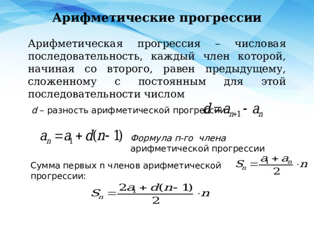 Прогрессии программа. Среднее арифметическое прогрессии. Разность арифметической прогрессии. Произведение арифметической прогрессии. Задачи на прогрессии.