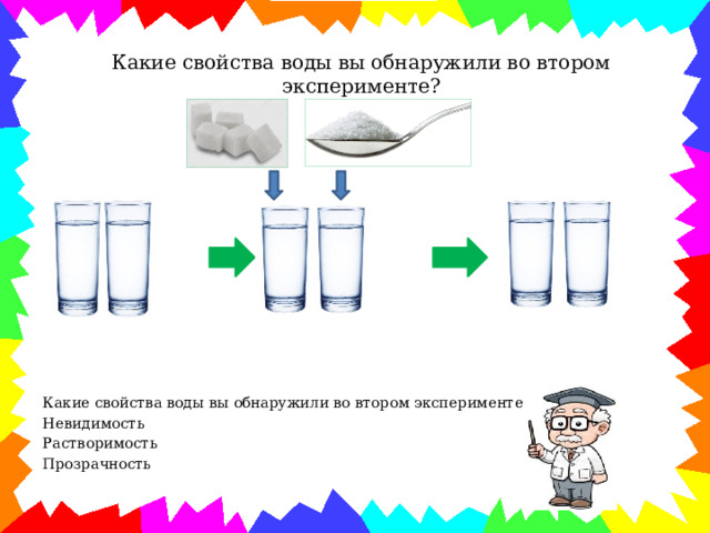 Какие свойства воды вы обнаружили во втором эксперименте? Какие свойства воды вы обнаружили во втором эксперименте? Невидимость Растворимость Прозрачность 