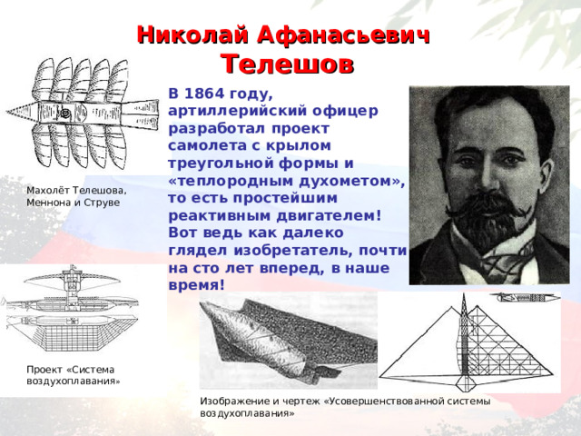 Николай Афанасьевич  Телешов В 1864 году, артиллерийский офицер разработал проект самолета с крылом треугольной формы и «теплородным духометом», то есть простейшим реактивным двигателем! Вот ведь как далеко глядел изобретатель, почти на сто лет вперед, в наше время!   Махолёт Телешова, Меннона и Струве Проект «Система воздухоплавания » Изображение и чертеж «Усовершенствованной системы воздухоплавания»  