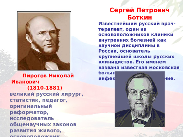 Сергей Петрович Боткин Известнейший русский врач-терапевт, один из основоположников клиники внутренних болезней как научной дисциплины в России, основатель крупнейшей школы русских клиницистов. Его именем названа известная московская больница, а также инфекционное заболевание.  Пирогов Николай Иванович (1810-1881)     великий русский хирург, статистик, педагог, оригинальный реформатор, исследователь общенаучных законов развития живого, основоположник научного пацифизма.  