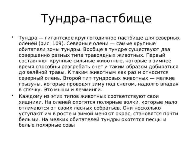 Тундра-пастбище Тундра — гигантское круглогодичное пастбище для северных оленей (рис. 109). Северные олени — самые крупные обитатели зоны тундры. Вообще в тундре существуют два совершенно разных типа травоядных животных. Первый составляют крупные сильные животные, которые в зимнее время способны разгребать снег и таким образом добираться до зелёной травы. К таким животным как раз и относится северный олень. Второй тип тундровых животных — мелкие грызуны, которые проводят зиму под снегом, надолго впадая в спячку. Это мыши и лемминги. Каждому из этих типов животных соответствуют свои хищники. На оленей охотятся полярные волки, которые мало отличаются от своих лесных собратьев. Они несколько уступают им в росте и зимой меняют окрас, становятся почти белыми. На мелких обитателей тундры охотятся песцы и белые полярные совы 