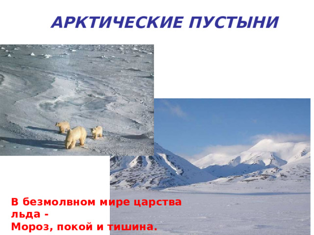 АРКТИЧЕСКИЕ ПУСТЫНИ В безмолвном мире царства льда -  Мороз, покой и тишина.   