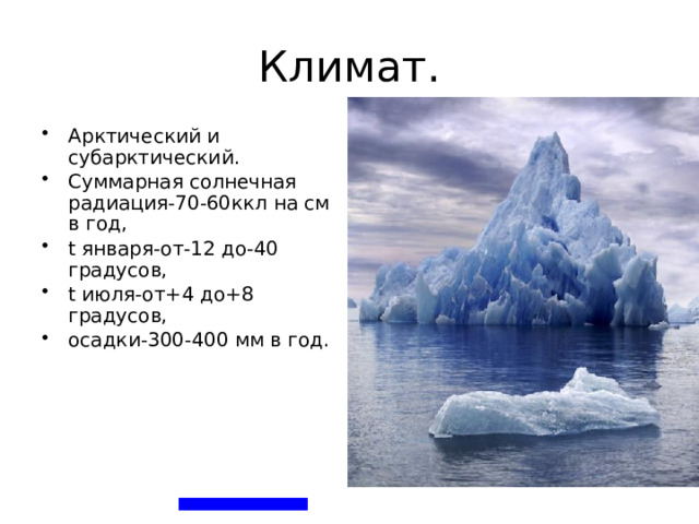 Климат. Арктический и субарктический. Суммарная солнечная радиация-70-60ккл на см в год, t января-от-12 до-40 градусов, t июля-от+4 до+8 градусов, осадки-300-400 мм в год. 