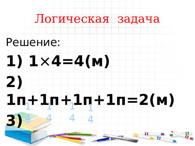 Логическая задача Решение: 1) 1 × 4=4(м) 2) 1п+1п+1п+1п=2(м) 3) 1 1 1 4 4 4 1 4 