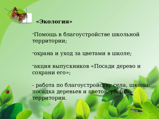      «Экология»  Помощь в благоустройстве школьной территории; охрана и уход за цветами в школе; акция выпускников «Посади дерево и сохрани его»; - работа по благоустройству села, школы: посадка деревьев и цветов, уборка территории. Цель проекта: эстетическое оформление  пришкольной территории  