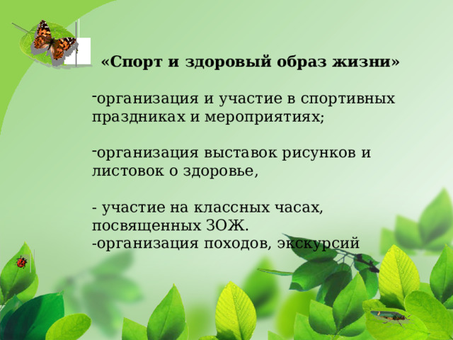      «Спорт и здоровый образ жизни»  организация и участие в спортивных праздниках и мероприятиях; организация выставок рисунков и листовок о здоровье, - участие на классных часах, посвященных ЗОЖ. -организация походов, экскурсий Цель проекта: эстетическое оформление  пришкольной территории  