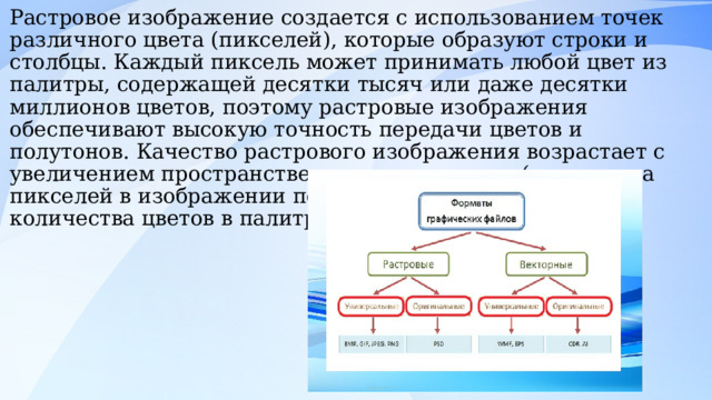 Растровое изображение создается с использованием точек различного цвета (пикселей), которые образуют строки и столбцы. Каждый пиксель может принимать любой цвет из палитры, содержащей десятки тысяч или даже десятки миллионов цветов, поэтому растровые изображения обеспечивают высокую точность передачи цветов и полутонов. Качество растрового изображения возрастает с увеличением пространственного разрешения (количества пикселей в изображении по горизонтали и вертикали) и количества цветов в палитре. 