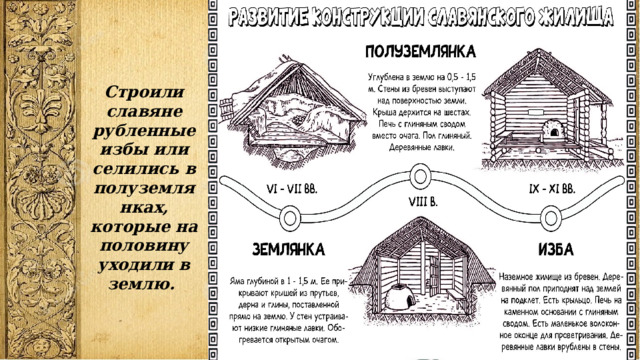 Строили славяне рубленные избы или селились в полуземлянках, которые на половину уходили в землю. 