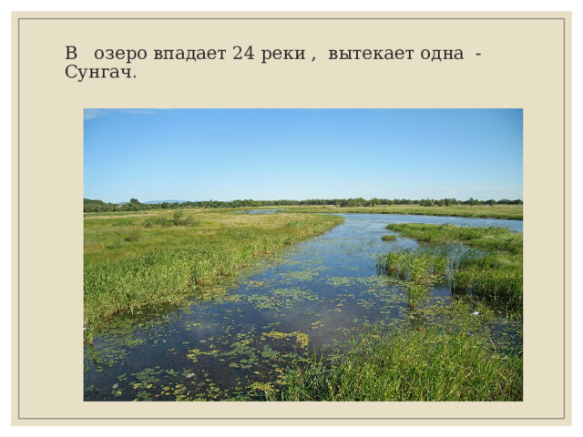 В озеро впадает 24 реки , вытекает одна - Сунгач . 
