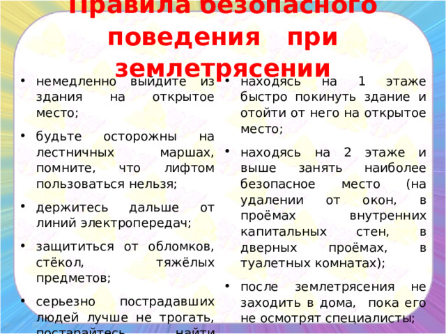   Правила безопасного поведения при землетрясении      немедленно выйдите из здания на открытое место; будьте осторожны на лестничных маршах, помните, что лифтом пользоваться нельзя; держитесь дальше от линий электропередач; защититься от обломков, стёкол, тяжёлых предметов; серьезно пострадавших людей лучше не трогать, постарайтесь найти спасателей или медиков; находясь на 1 этаже быстро покинуть здание и отойти от него на открытое место; находясь на 2 этаже и выше занять наиболее безопасное место (на удалении от окон, в проёмах внутренних капитальных стен, в дверных проёмах, в туалетных комнатах); после землетрясения не заходить в дома, пока его не осмотрят специалисты; Не паникуйте! 