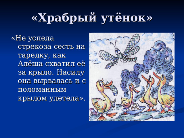 «Не успела стрекоза сесть на тарелку, как Алёша схватил её за крыло. Насилу она вырвалась и с поломанным крылом улетела». 