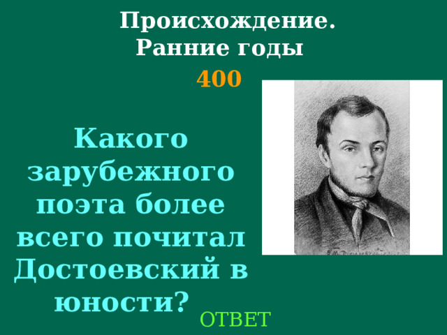  Происхождение.  Ранние годы  4 00  Какого зарубежного поэта более всего почитал Достоевский в юности? ОТВЕТ 