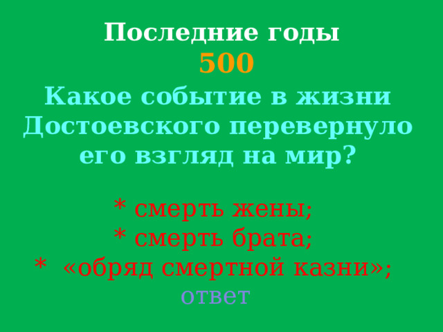 Последние годы  500 Какое событие в жизни Достоевского перевернуло его взгляд на мир?    * смерть жены;   * смерть брата;   * «обряд смертной казни»;  ответ 