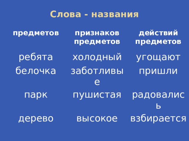 Слова - названия предметов признаков предметов ребята действий предметов холодный белочка угощают заботливые парк пришли пушистая дерево радовались высокое взбирается 