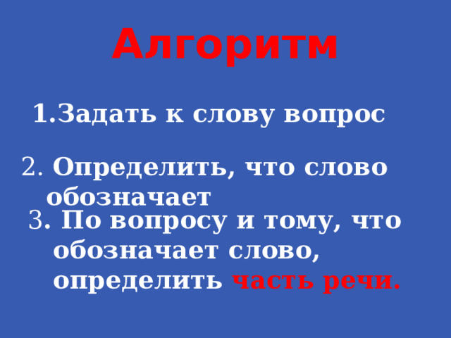 Алгоритм 1.Задать к слову вопрос 2. Определить, что слово обозначает 3 . По вопросу и тому, что обозначает слово, определить часть речи. 