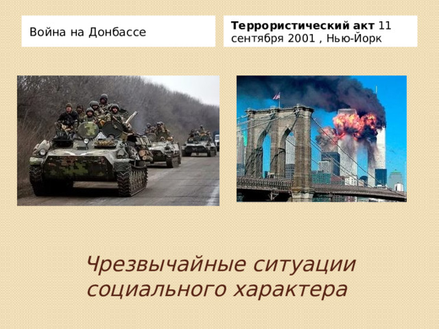 Террористический   акт  11 сентября 2001 , Нью-Йорк Война на Донбассе Чрезвычайные ситуации социального характера   