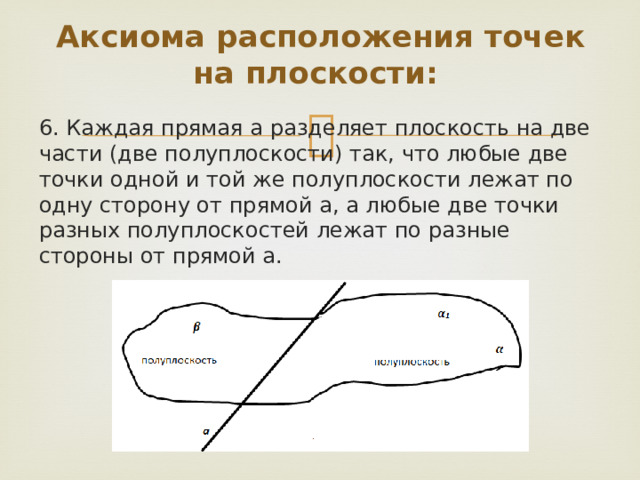Аксиома расположения точек на плоскости: 6. Каждая прямая а разделяет плоскость на две части (две полуплоскости) так, что любые две точки одной и той же полуплоскости лежат по одну сторону от прямой а, а любые две точки разных полуплоскостей лежат по разные стороны от прямой а. 