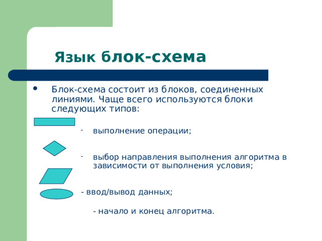  Язык б лок-схема Блок-схема состоит из блоков, соединенных линиями. Чаще всего используются блоки следующих типов: выполнение операции; выполнение операции; выполнение операции; выполнение операции; выбор направления выполнения алгоритма в зависимости от выполнения условия; выбор направления выполнения алгоритма в зависимости от выполнения условия; выбор направления выполнения алгоритма в зависимости от выполнения условия; выбор направления выполнения алгоритма в зависимости от выполнения условия; - ввод/вывод данных;  - начало и конец алгоритма.  