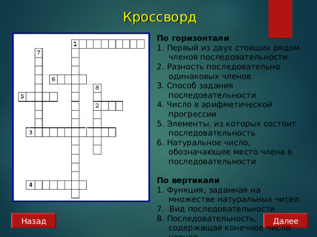 Кроссворд По горизонтали 1. Первый из двух стоящих рядом членов последовательности 2. Разность последовательно одинаковых членов 3. Способ задания последовательности 4. Число в арифметической прогрессии 5. Элементы, из которых состоит последовательность 6. Натуральное число, обозначающее место члена в последовательности По вертикали 1. Функция, заданная на множестве натуральных чисел 7.  Вид последовательности 8. Последовательность, содержащая конечное число членов Назад Далее 