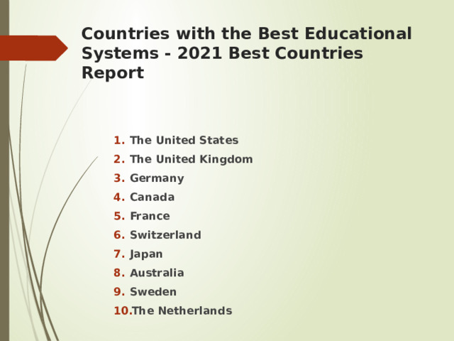 Countries with the Best Educational Systems - 2021 Best Countries Report The United States The United Kingdom Germany Canada France Switzerland Japan Australia Sweden The Netherlands 