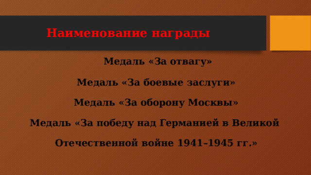 Наименование награды   Медаль «За отвагу»   Медаль «За боевые заслуги»   Медаль «За оборону Москвы»   Медаль «За победу над Германией в Великой  Отечественной войне 1941–1945 гг.» 