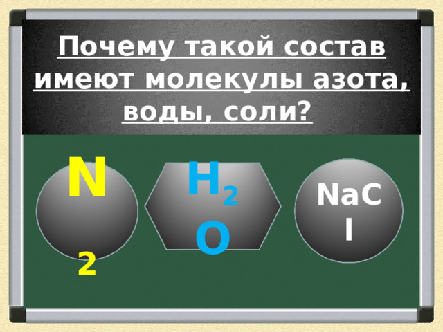  Почему такой состав имеют молекулы азота, воды, соли?      NaCl Н 2 О N 2 
