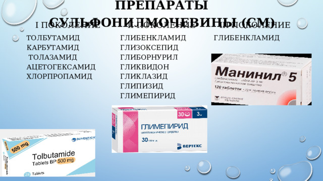 Препараты сульфонилмочевины (СМ)   І поколение II поколение III поколение Толбутамид карбутамид толазамид ацетогексамид хлорпропамид глибенкламид глизоксепид глиборнурил гликвидон гликлазид глипизид глимепирид Глибенкламид 