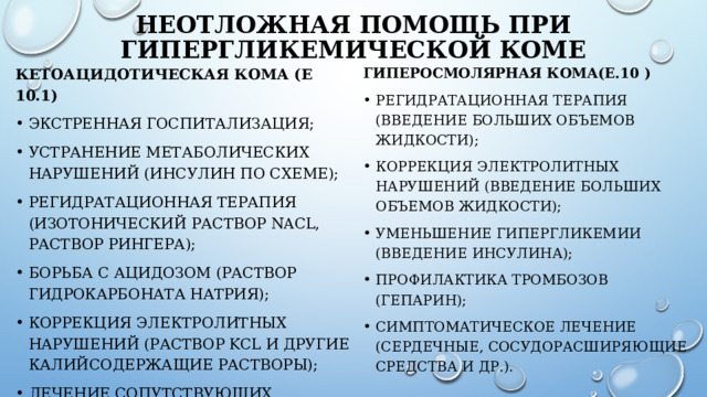 НЕОТЛОЖНАЯ ПОМОЩЬ ПРИ ГИПЕРГЛИКЕМИЧЕСКОЙ КОМЕ Кетоацидотическая кома (Е 10.1) Гиперосмолярная кома(Е.10 ) экстренная госпитализация; устранение метаболических нарушений (инсулин по схеме); регидратационная терапия (изотонический раствор NaCl, раствор Рингера); борьба с ацидозом (раствор гидрокарбоната натрия); коррекция электролитных нарушений (раствор KCl и другие калийсодержащие растворы); лечение сопутствующих заболеваний и осложнений. регидратационная терапия (введение больших объемов жидкости); коррекция электролитных нарушений (введение больших объемов жидкости); уменьшение гипергликемии (введение инсулина); профилактика тромбозов (гепарин); симптоматическое лечение (сердечные, сосудорасширяющие средства и др.). 