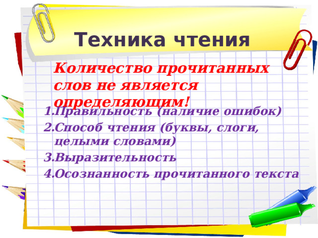 Техника чтения Количество прочитанных слов не является определяющим! Правильность (наличие ошибок) Способ чтения (буквы, слоги, целыми словами) Выразительность Осознанность прочитанного текста  