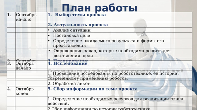 План работы 1. Сентябрь начало Выбор темы проекта  2. Актуальность проекта Анализ ситуации  Постановка цели  Определение ожидаемого результата и формы его представления  2. Определение задач, которые необходимо решить для достижения  цели Сентябрь конец 3. Планирование Составление плана действий и контрольных точек по каждой задаче, исходя из сроков проекта. 3. Октябрь начало 4. Исследование   1. Проведение исследования по робототехнике, ее истории, современному применению роботов. 4. 2. Обработка анкет Октябрь конец 5. Сбор информации по теме проекта 1. Определение необходимых ресурсов для реализации плана действий. 2.Сбор информации по истории робототехнике 3. Посещение тематических выставок. 