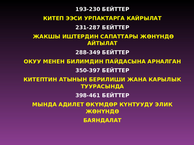 193-230 БЕЙТТЕР КИТЕП ЭЭСИ УРПАКТАРГА КАЙРЫЛАТ 231-287 БЕЙТТЕР  ЖАКШЫ ИШТЕРДИН САПАТТАРЫ Ж ѲН YНД Ѳ АЙТЫЛАТ 288-349 БЕЙТТЕР ОКУУ МЕНЕН БИЛИМДИН ПАЙДАСЫНА АРНАЛГАН 350-397 БЕЙТТЕР КИТЕПТИН АТЫНЫН БЕРИЛИШИ ЖАНА КАРЫЛЫК ТУУРАСЫНДА 398-461 БЕЙТТЕР МЫНДА АДИЛЕТ Ѳ КYМД Ѳ Р КYНТУУДУ ЭЛИК Ж Ѳ НYНД Ѳ БАЯНДАЛАТ 