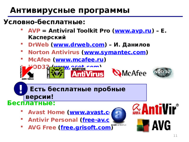 Антивирусные программы Условно-бесплатные: AVP = Antiviral Toolkit Pro ( www.avp.ru ) – Е. Касперский DrWeb ( www.drweb.com ) – И. Данилов Norton Antivirus ( www.symantec.com ) McAfee ( www.mcafee.ru ) NOD32 ( www.eset.com ) !  Есть бесплатные пробные версии! Бесплатные: Avast Home ( www.avast.com ) Antivir Personal ( free-av.com ) AVG Free ( free.grisoft.com ) 7 11 