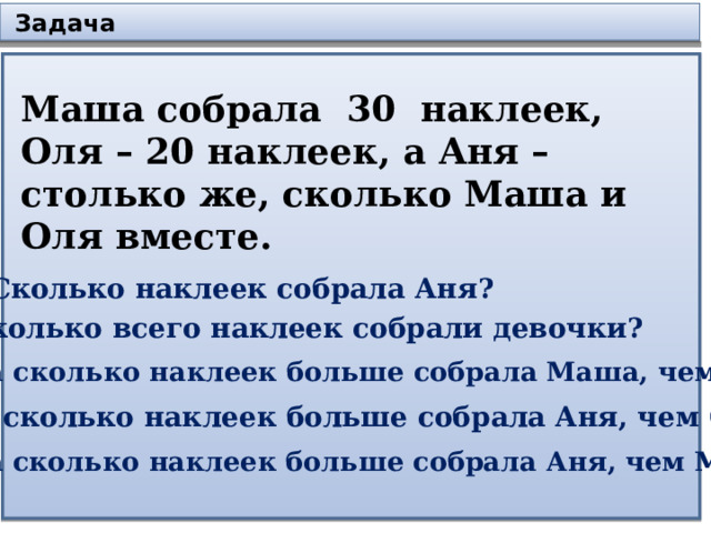  Задача Маша собрала 30 наклеек, Оля – 20 наклеек, а Аня – столько же, сколько Маша и Оля вместе. Сколько наклеек собрала Аня? Сколько всего наклеек собрали девочки? На сколько наклеек больше собрала Маша, чем Оля? На сколько наклеек больше собрала Аня, чем Оля? На сколько наклеек больше собрала Аня, чем Маша? 