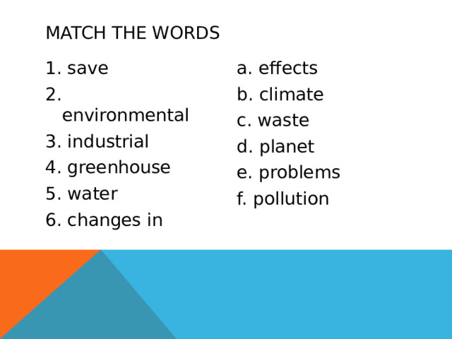 Match the words a. effects 1. save 2. environmental b. climate 3. industrial c. waste 4. greenhouse d. planet 5. water e. problems 6. changes in f. pollution  