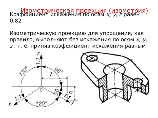 4 Изометрическая проекция (изометрия). Коэффициент искажения по осям х, у, z равен 0,82. Изометрическую проекцию для упрощения, как правило, выполняют без искажения по осям х, у,  z , т. е. приняв коэффициент искажения равным 1. 7 