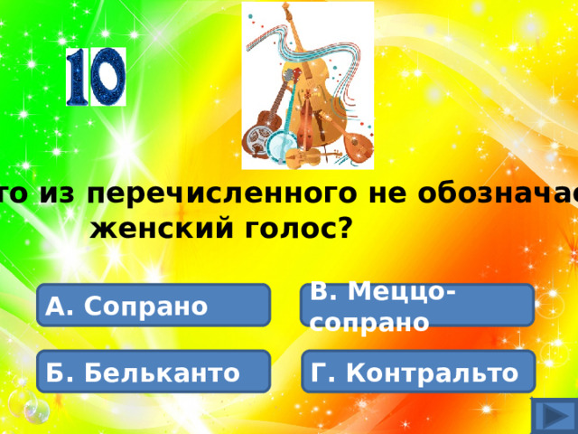 Что из перечисленного не обозначает  женский голос? А. Сопрано В. Меццо-сопрано Б. Бельканто Г. Контральто 