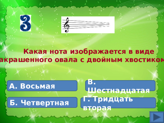  Какая нота изображается в виде закрашенного овала с двойным хвостиком? В. Шестнадцатая А. Восьмая Б. Четвертная Г. Тридцать вторая 