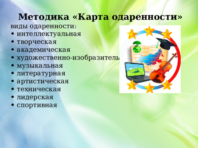 Методика «Карта одаренности» виды одаренности: • интеллектуальная  • творческая  • академическая  • художественно-изобразительная  • музыкальная  • литературная  • артистическая  • техническая  • лидерская  • спортивная  