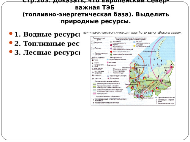 4. Работа с материалом учебника. Стр.203. Доказать, что Европейский Север- важная ТЭБ (топливно-энергетическая база). Выделить природные ресурсы. 1. Водные ресурсы 2. Топливные ресурсы 3. Лесные ресурсы 