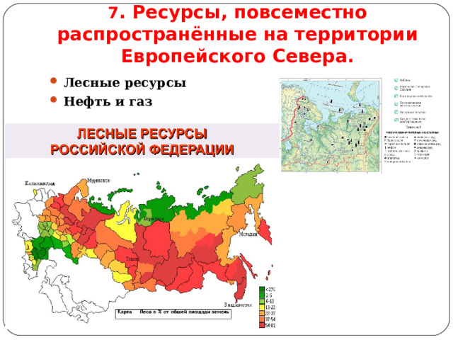 7 . Ресурсы, повсеместно распространённые на территории Европейского Севера. Лесные ресурсы Нефть и газ 