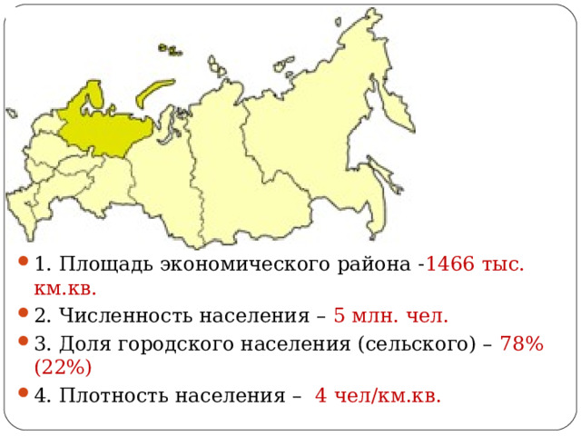 1. Площадь экономического района - 1466 тыс. км.кв. 2. Численность населения – 5 млн. чел. 3. Доля городского населения (сельского) – 78% (22%) 4. Плотность населения – 4 чел/км.кв. 