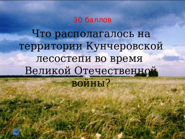  30 баллов Что располагалось на территории Кунчеровской лесостепи во время Великой Отечественной войны? 