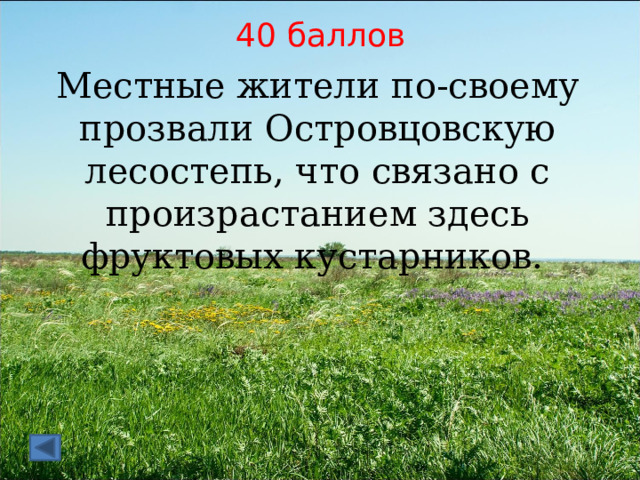 40 баллов Местные жители по-своему прозвали Островцовскую лесостепь, что связано с произрастанием здесь фруктовых кустарников. 