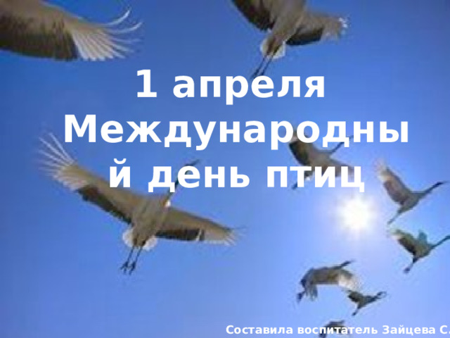1 апреля Международный день птиц 1 апреля – международный день птиц. Составила воспитатель Зайцева С.Ю. 