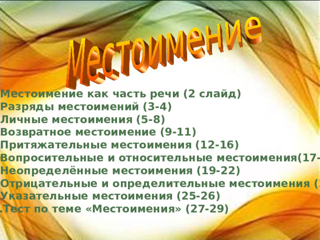 Местоимение как часть речи (2 слайд) Разряды местоимений (3-4) Личные местоимения (5-8) Возвратное местоимение (9-11) Притяжательные местоимения (12-16) Вопросительные и относительные местоимения(17-18) Неопределённые местоимения (19-22) Отрицательные и определительные местоимения (23-24) Указательные местоимения (25-26) Тест по теме «Местоимения» (27-29)  