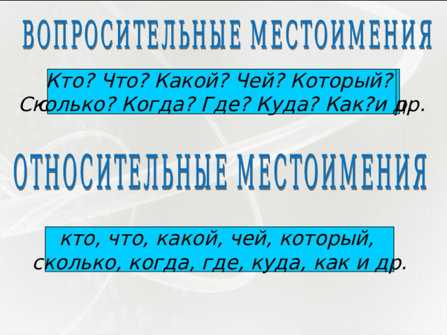 кто, что, какой, чей, который, сколько, когда, где, куда, как и др. Кто? Что? Какой? Чей? Который? Сколько? Когда? Где? Куда? Как?и др. кто, что, какой, чей, который, сколько, когда, где, куда, как и др. 