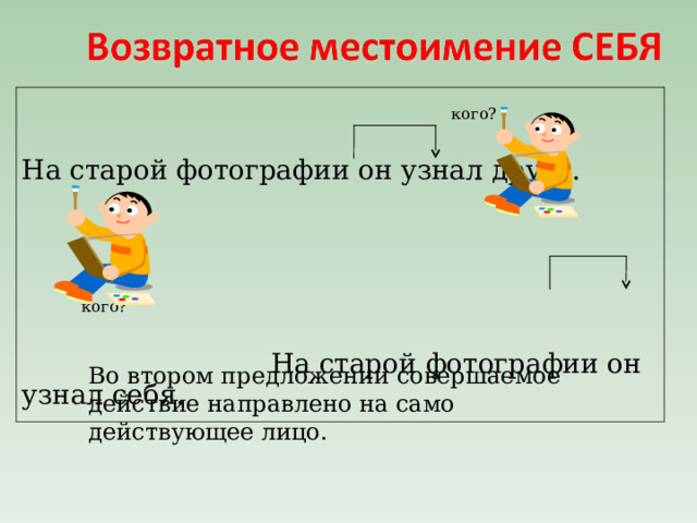  кого?  На старой фотографии он узнал друга.  кого?  На старой фотографии он узнал себя. Во втором предложении совершаемое действие направлено на само действующее лицо. 