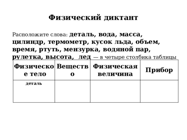 Физический диктант Расположите слова: деталь, вода, масса, цилиндр, термометр, кусок льда, объем, время, ртуть, мензурка, водяной пар, рулетка, высота, лед — в четыре столбика таблицы Физическое тело Вещество деталь Физическая величина Прибор 