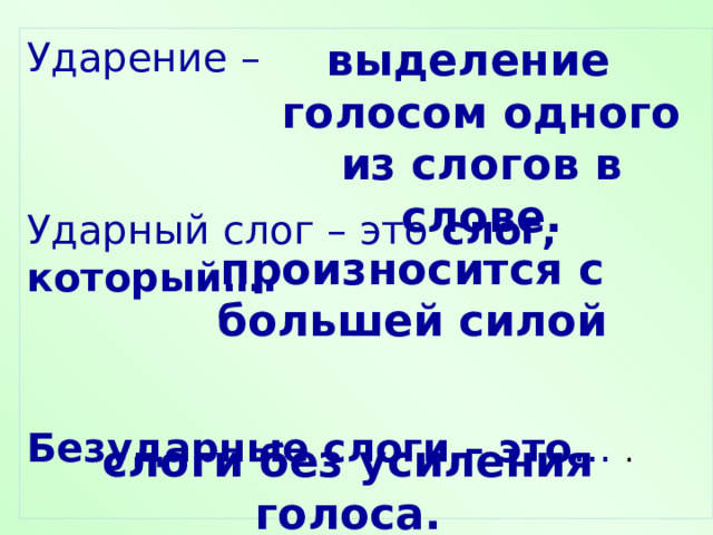 Как найти ударный слог 1 класс правило. Ударные и безударные слоги. Каравай безударный слог.