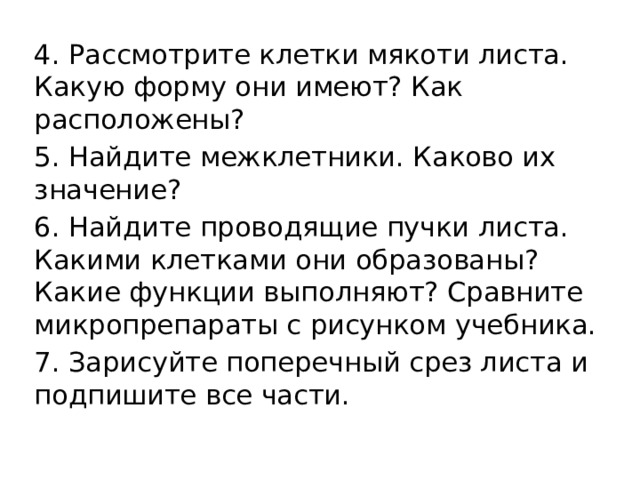 4. Рассмотрите клетки мякоти листа. Какую форму они имеют? Как расположены? 5. Найдите межклетники. Каково их значение? 6. Найдите проводящие пучки листа. Какими клетками они образованы? Какие функции выполняют? Сравните микропрепараты с рисунком учебника. 7. Зарисуйте поперечный срез листа и подпишите все части. 